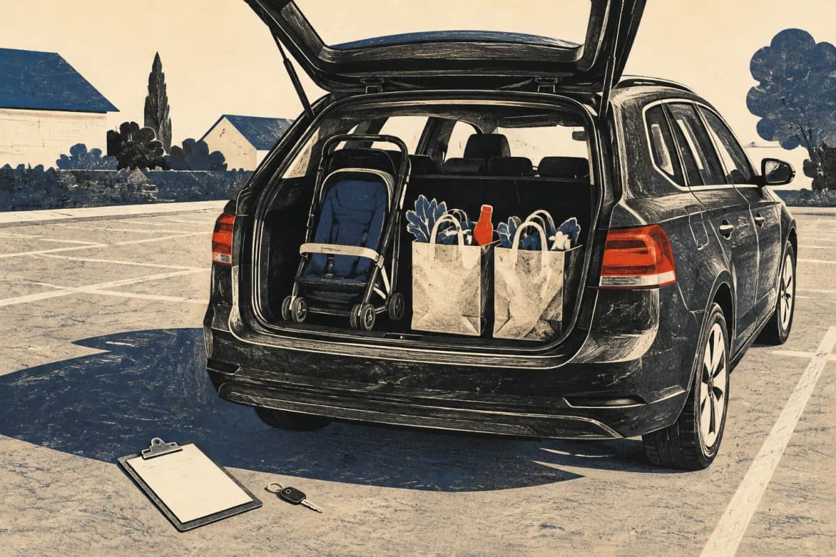 Open car trunk with a stroller and grocery bags, with a clipboard and key nearby