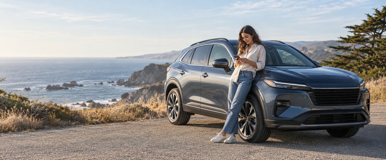 Illustrative scene of a woman using her phone beside a parked SUV at a coastal overlook